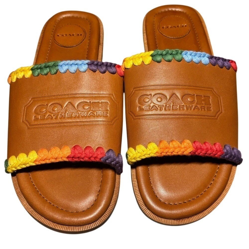 Coach Leatherware Tan Leather Rainbow Crochet Whipstitch Slide Sandals 10